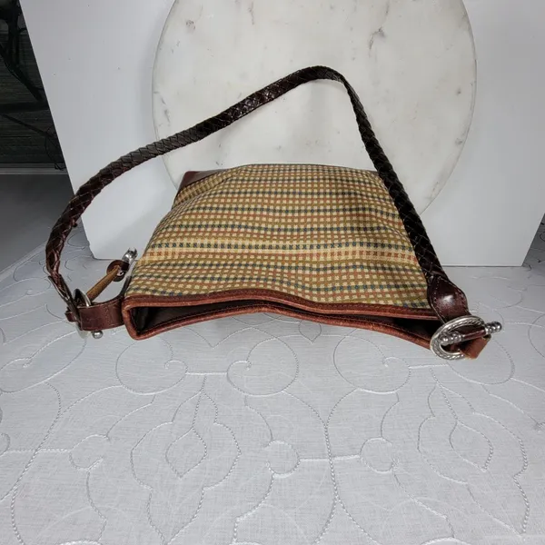 Brighton Tweed Purse Braided Leather Trim Heart Charm Brown Tan Check - Image 5