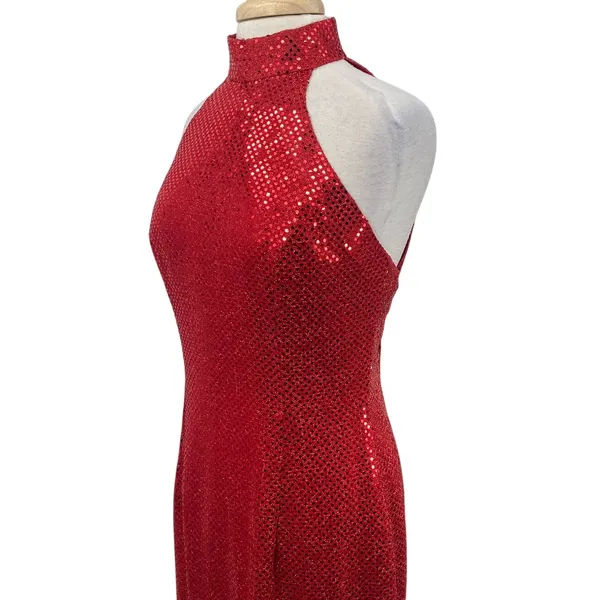Vintage 90s Sequined High Neck Gown Open Back Maxi Dress Red Womens 8 - Image 7