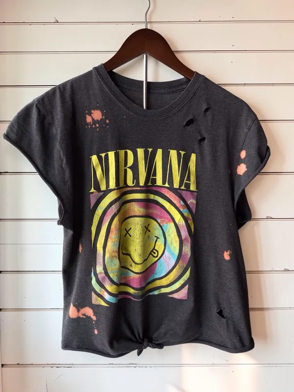 NIRVANA Black Tie-Front distressed tee with Multicolor Smiley Graphic - Image 2