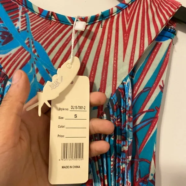 Julia Tropical Hibiscus Maxi Dress Womens Small Turquoise Red Fringe Cutout Back - Image 4