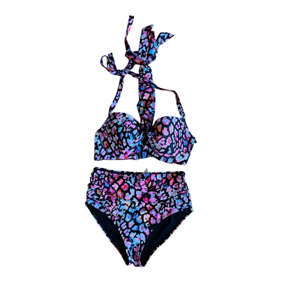 Tempt Me Womens Bikini Set High Waisted Push Up Halter Leopard‎ Print 2 Piece M - Image 2