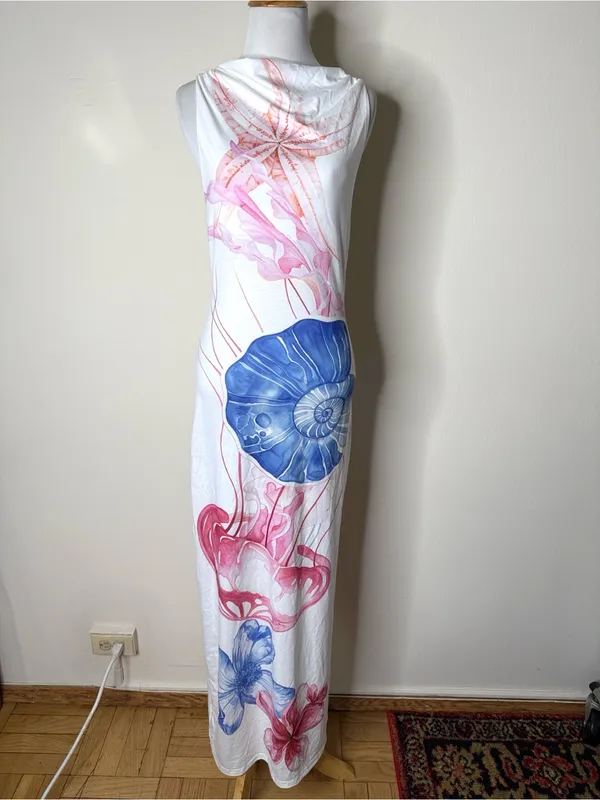 Commense White Semi Sheer Ocean Print Maxi Dress - Image 2