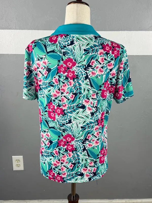Lilly Pulitzer Teal Floral Polo Top Golf - Image 4