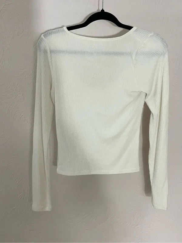 Hollister White Ribbed Long-Sleeve Scoop Neck Tie-Front Top - Image 2
