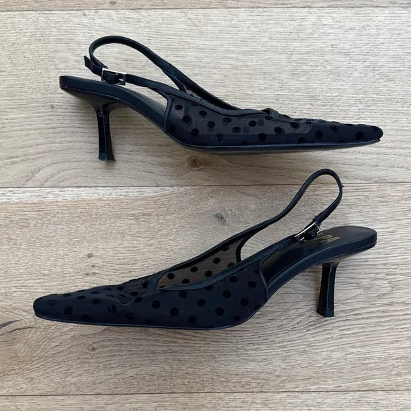 LPA Heels Slingback Pointed Toe Polka Dot Mesh Giulia Size US 6.5 Black - Image 4