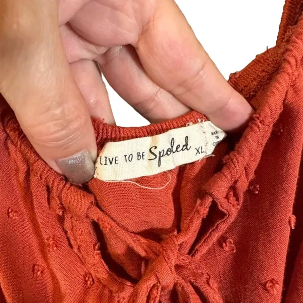 Live To Be Spoiled Rust Ruffled Tassel Tie Front Boho Crop Top Women Sz XL - Image 8