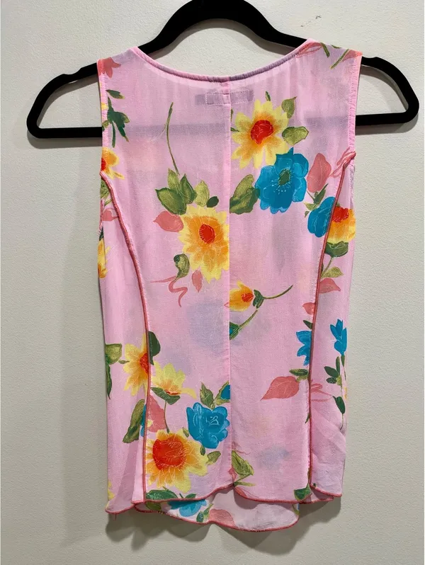 Pink Floral Sheer Viscose Tank Top Contrast Seams Size 34 XS - Image 7