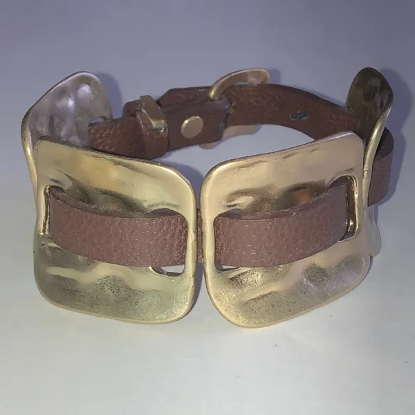 Brown Leather and Gold Tone Boho Buckle Bracelet - Image 2