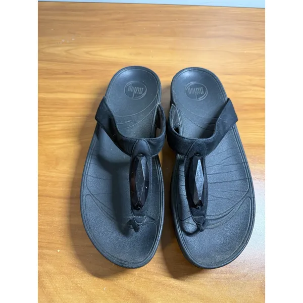 FitFlop Lunetta Jeweled Black Leather Thong Wedge Sandals Size 10 - Image 2