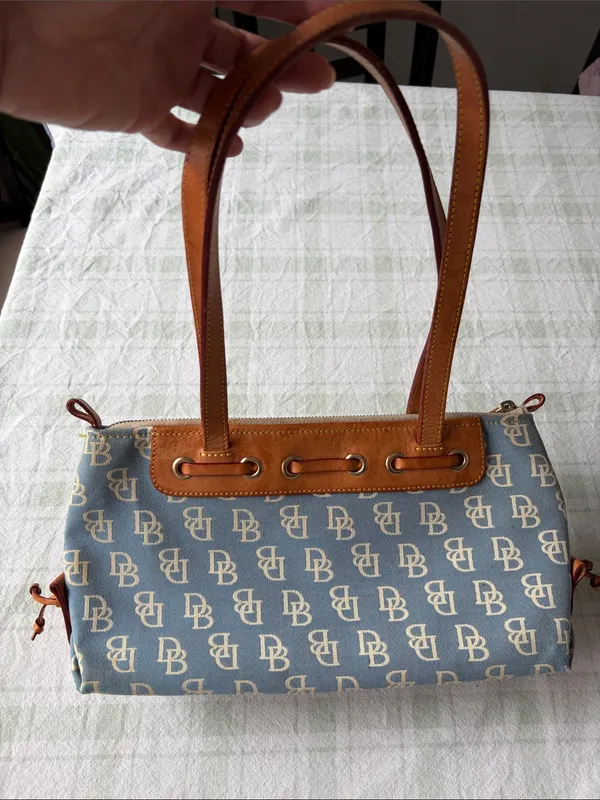 Dooney & Bourke Light Blue Canvas Shoulder Bag with Tan Leather Trim - Image 2