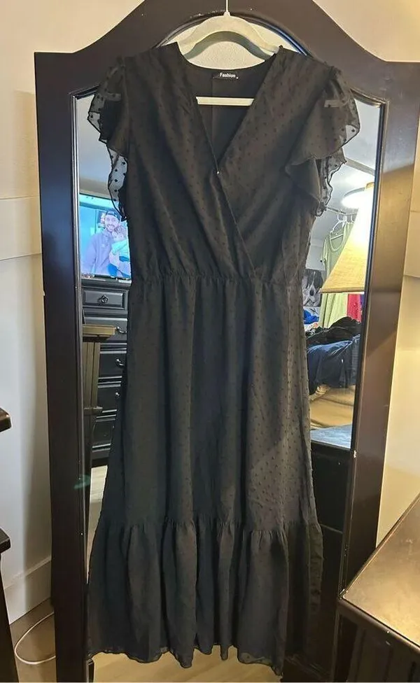 NEW Swiss Dot Wrap V Neck Cap Sleeve Midi Dress M NO BELT - Image 3
