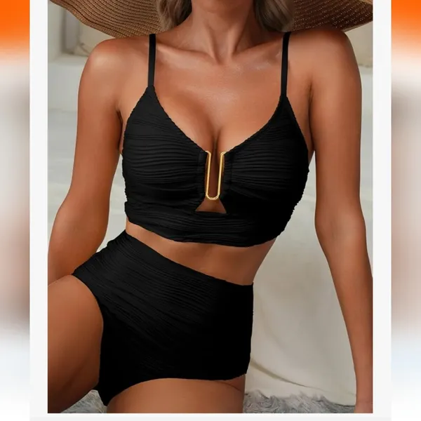 Black High-Waisted Bikini Set Size Large New With Tags - Image 2