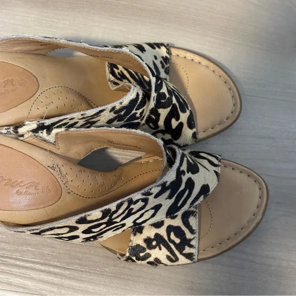 Crown by Born Leopard Print Calf Hair Cork Wedge‎ Sandal 8M Tan Black N22016 - Image 4