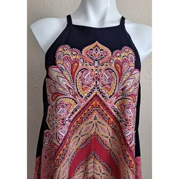 MAGGY LONDON Navy And Coral Floral Asymmetrical handkerchief Gypsy Dress Size 12 - Image 5
