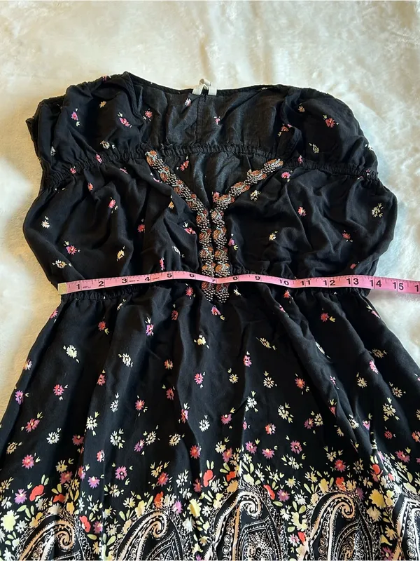 Free People black floral and paisley print tunic dress beaded embroidered size L - Image 10