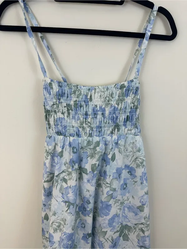Hollister Blue & White Floral Midi Dress Slit Criss Cross Strappy Back Size XS - Image 3
