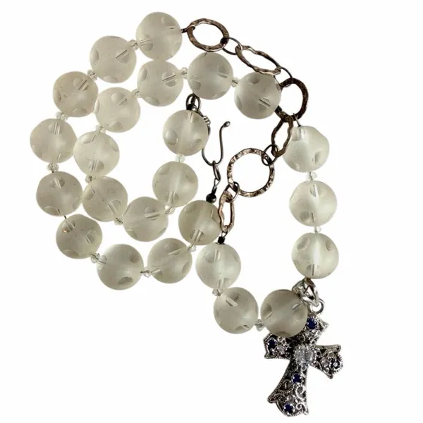 Sterling silver 925 Cross Pendant Frosted Glass Bead Necklace - Image 7