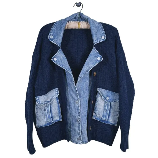 BLANK NYC Chunky Knit Denim Sweater Jacket Womens S Trucker Indie 90s Scandi - Image 2