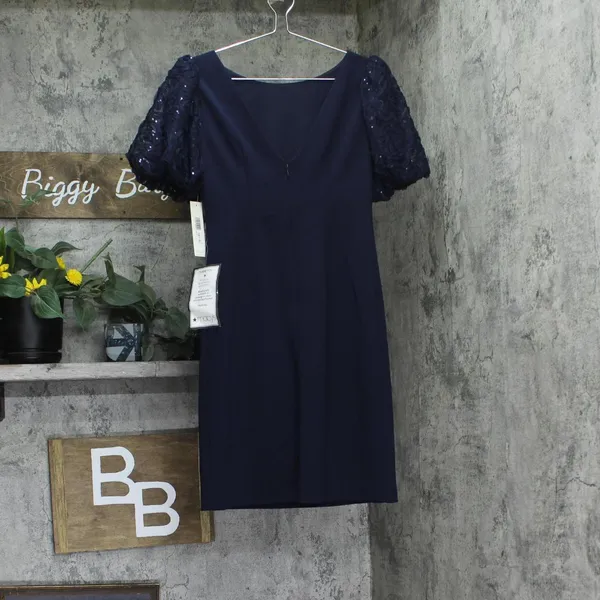 NWT Eliza J Sequined Puff-Sleeve Boat-Neck Sheath Dress EJ4M3056 Navy Blue 2 - Image 5