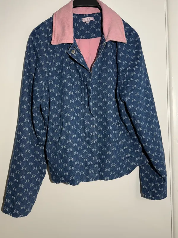 Anthropologie Dot & Lu Quilted Blue Floral Jacket Pink Collar Missing Zipper - Image 2