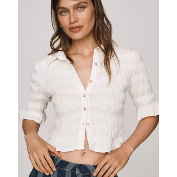 Anthropologie Maeve Smocked Button-Front Top Vanilla White Medium - Image 13