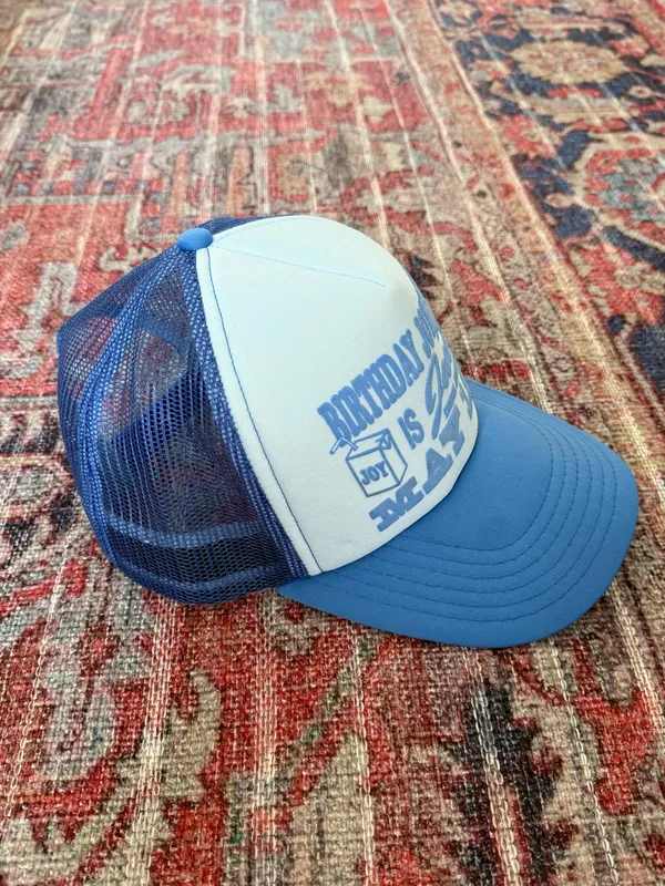 circle author birthday trucker hat Blue - Image 3