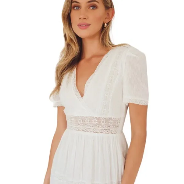 Lulu's Folklore Swiss Dot Lace Trim Tiered Gauze Midi Dress Pinstripe White M - Image 3