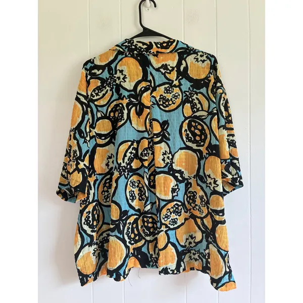 Zara Pomegranate Fruit Print Textured Button Down Shirt Blue Orange Womens M - Image 2