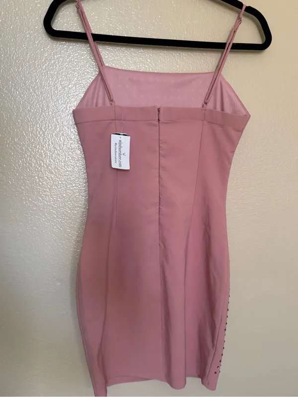 Windsor Pink Rhinestone Bodycon Mini Dress S Y2K Party Cocktail Spaghetti Strap - Image 4