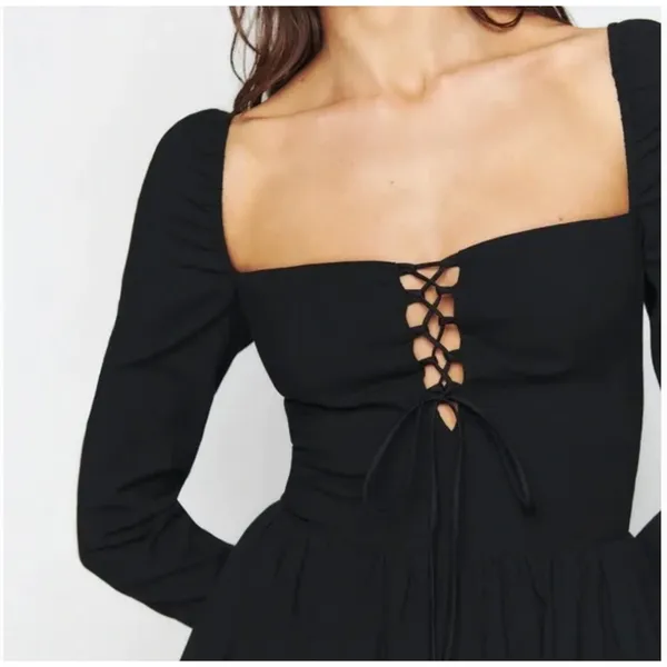 Reformation Johnny Mini Dress Womens 6 Black Square Neck Lace Up Cotton NWT - Image 3
