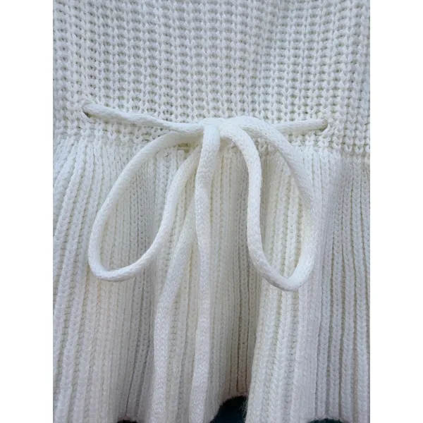 Scallop Ruffle V-Neck Peplum Ribbed Knit Sweater Balloon Sleeve Drawstring Waist - Image 3