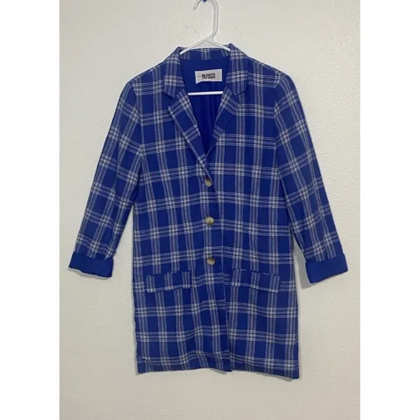 BB Dakota Steve Madden Women's Blue White Plaid Long Blazer Jacket Collared S - Image 13