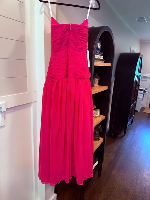 Fuchsia Chiffon Strapless Pleated Maxi Dress with 3D Flowers - Image 2