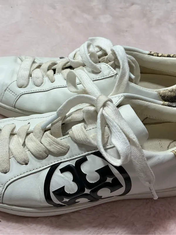 Tory Burch White Leather Sneakers with Black Logo and Snakeskin Trim 159 - Image 4