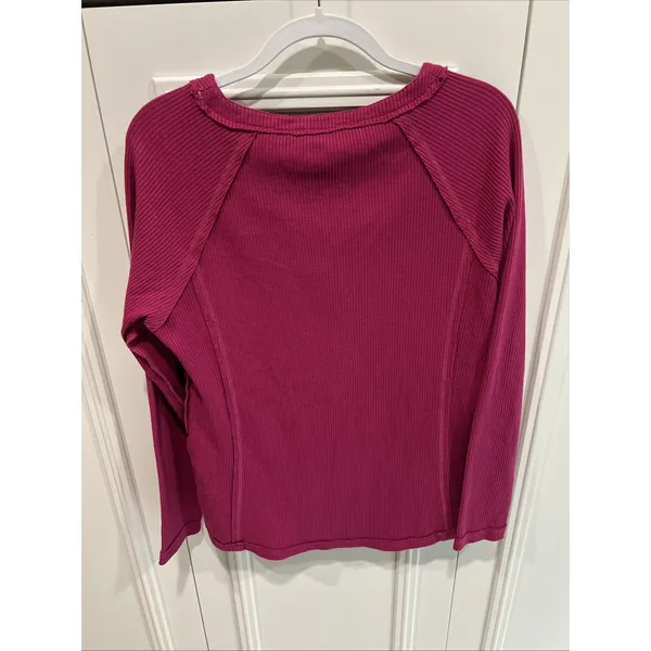 Umgee Fuchsia Pink Textured Henley Shirt Casual Boho Cotton Thermal - Image 3