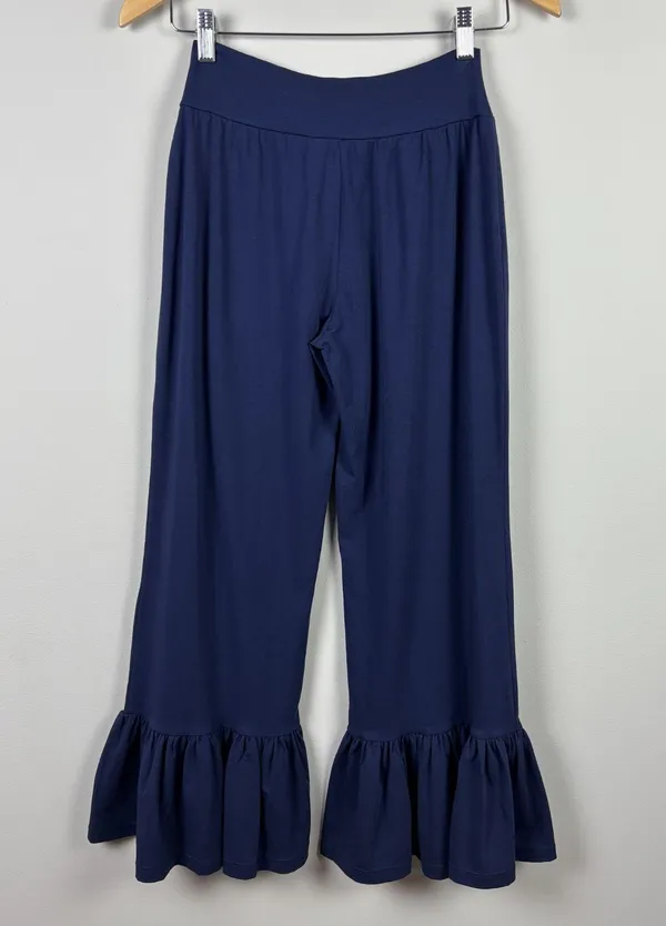 Matilda Jane Big Ruffle Pants Women Small Navy Blue Wide Leg Cotton Pull On Crop - Image 5