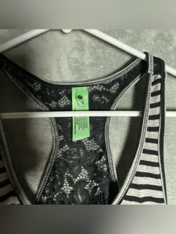2000s MySpace emo Black &‎ White Striped Lace-Back Tank grunge XL - Image 4