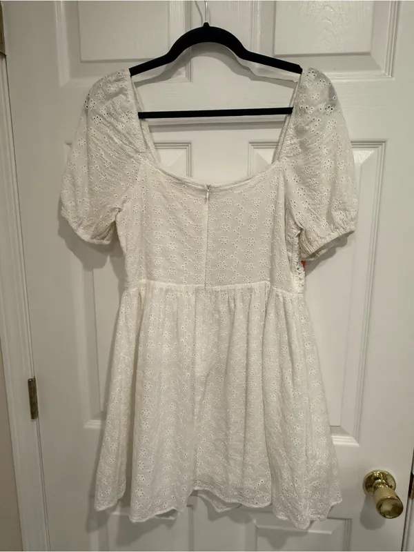White Eyelet Mini Dress with‎ Colorful Crochet Bodice - Image 3