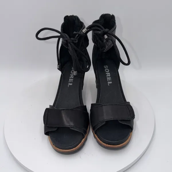 Sorel Joanie Black Leather Ankle Lace Up Wedge Heels Sandals Women's‎ Size 9 - Image 3