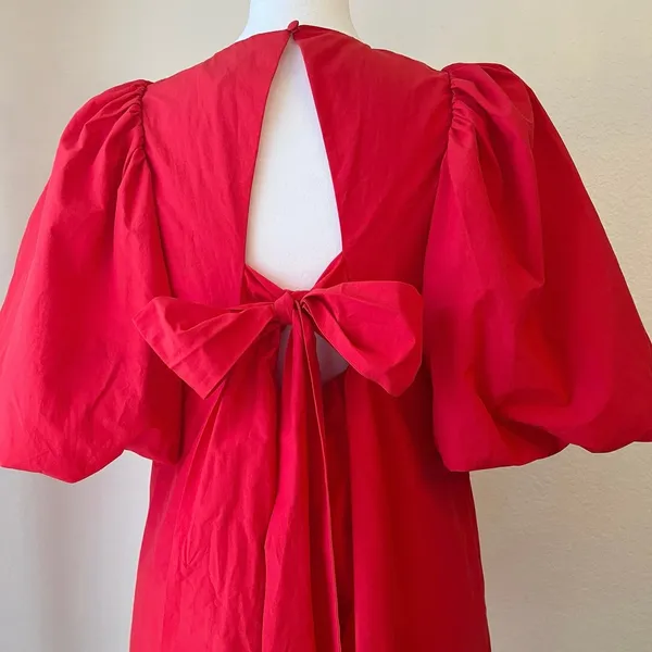 & Other Stories Bow Back Swing Dress 6 Mini Cutout Puff Sleeve Red Holiday NWT - Image 5