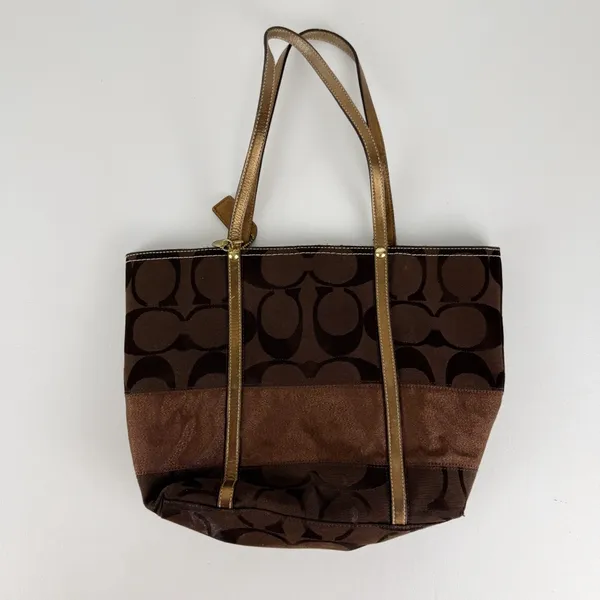 Authentic Coach Signature Jacquard Holiday Tote Chocolate Metallic Patchwork - Image 5