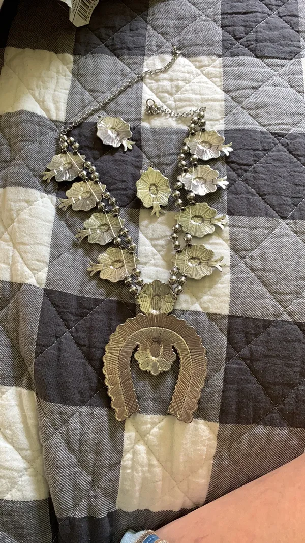 Western Turquoise Squash Blossom Earring And Necklace Set - Image 6