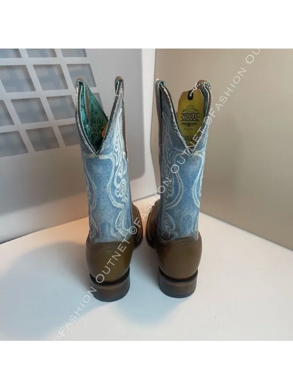 Corral Women's Saddle Cowhide Square Toe Western Boots Denim Embroidery Sz 10 - Image 5