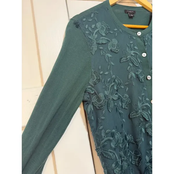 Ann Taylor Factory Teal Green Floral Embroidered Mesh Cardigan Sweater Large - Image 11