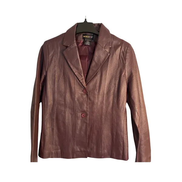 Metrostyle Leather Jacket Womens Size 12 Burgundy Lined Button Front Classic Red - Image 2