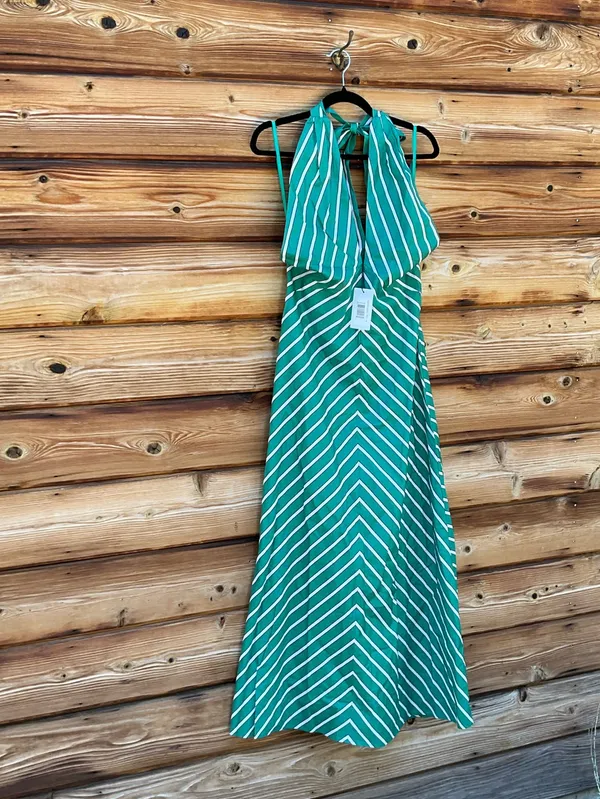 Few Moda o.p.t Green Size M Noelle Stretch Cotton Halter Long Striped Maxi Dress - Image 7