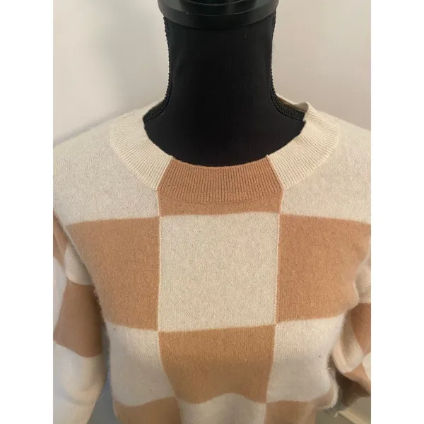 AQUA Cashmere Brushed Cropped Check Sweater Tan Cream Neutral Pullover Crewneck - Image 3