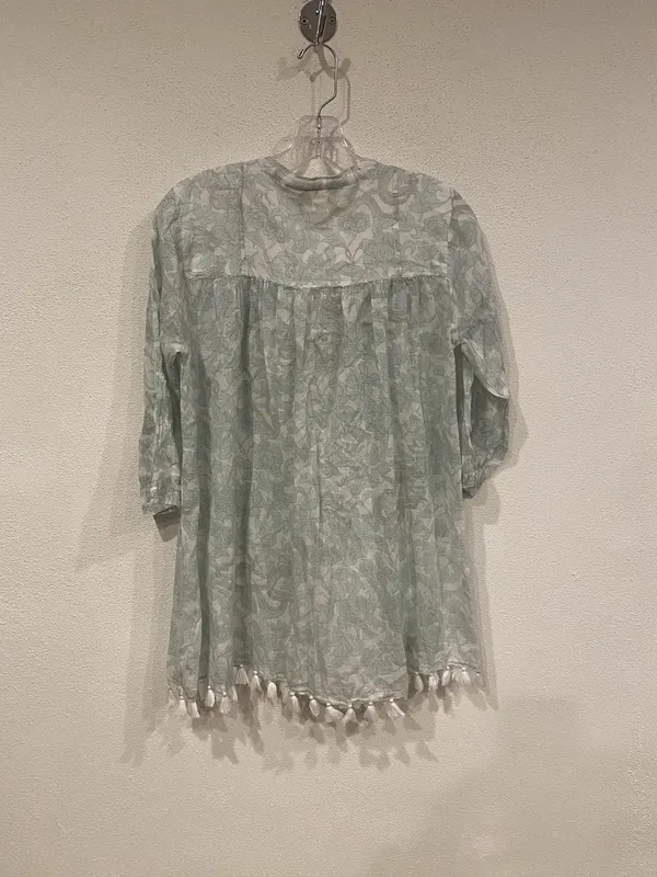 Roller Rabbit Tunic Blouse Womens M Green Floral Tassel 3/4 Sleeve Boho Top - Image 4
