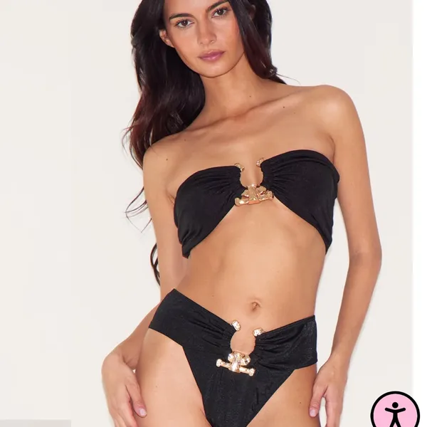 Black Hammered Trim Bandeau Bikini Top And Bottom Us M - Image 2