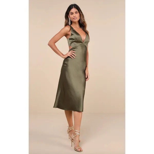 Lulus Unmatched Elegance Olive Satin Sleeveless Midi Dress Cocktail Party L NWT - Image 4